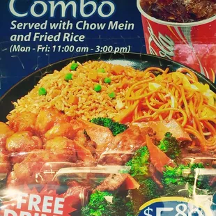 Weekday lunch special (rice, noodles and two items) with a free fountain drink.