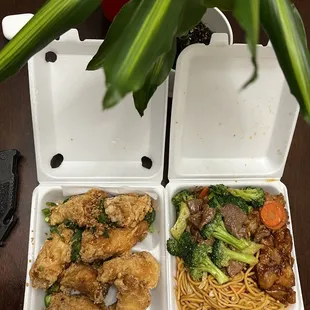 two takeout containers with chicken, broccoli, and noodles