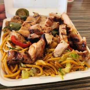 Combo item 2 with teriyaki chicken and jalapeno chicken with chow mein and rice