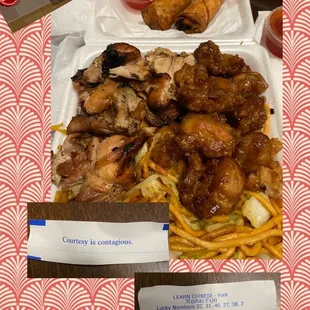 BBQ chicken, orange chicken, chow mein and veggie egg rolls 12/11/2021