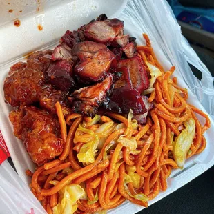 Chow Mein + Spicy Orange Chicken + BBQ Pork