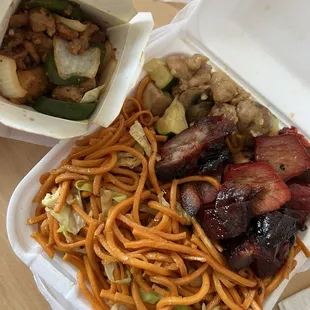 3 item combo - Chow mein, bbq pork, mushroom chicken &amp; black pepper chicken