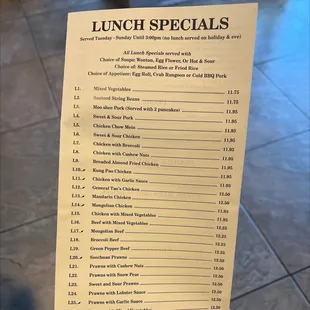 a menu for lunch specials