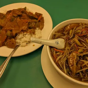 Curry mushroom over rice - medium spicy; snow cabbage noodle soup
