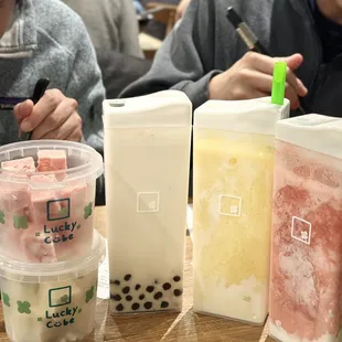 Durian and Strawberry Yogurt Cubes, Fresh Milk Green Tea, Mango Yogurt Shake, and Strawberry Yogurt Shake