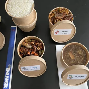 Chicken lo mein, kung pao chicken, hot and sour soup