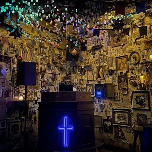 DJ booth in the back of the bar