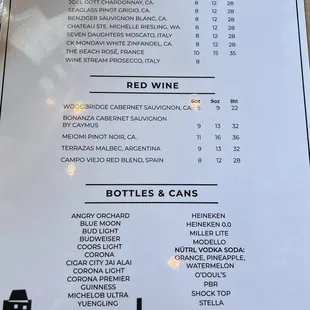 Wine and beer menu