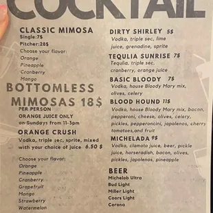 Cocktail menu