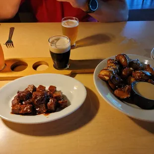 Burnt ends, Prerzels and cheese, beer flight