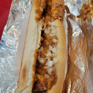 Jumbo Dog w/ Chili, Onions and Mustard