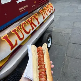 a person holding a hot dog in front of a truck