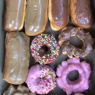 a variety of doughnuts in a box