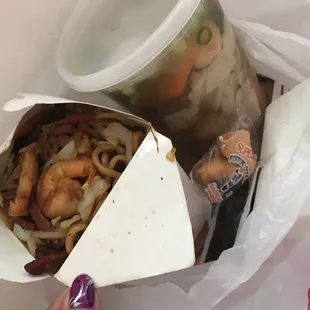 Combo chow mein and Wor won ton soup.