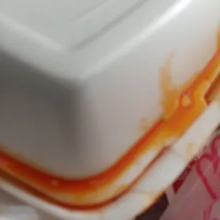 a cheeseburger sandwich in a styrofoam container