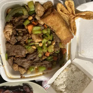 Kung pao triple delight with crab Rangoon and egg roll