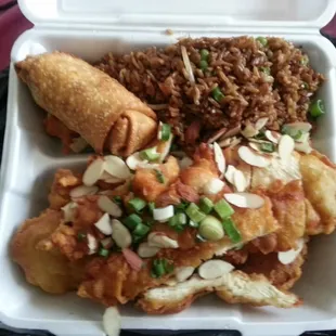 Almond chicken deluxe, with egg roll and fried rice - $10.80