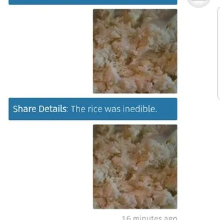 My communication with Uber Eats. They refunded, but still the rice was grossly inedible.