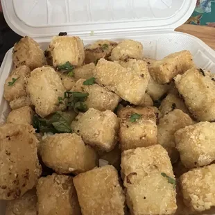 Large fried tofu ($15.08 after tax). Crispy tofu, garlic, scallions, cilantro, and unknown (to me) seasoning--the most delicious thing EVER.
