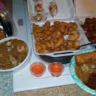 Sweet &amp;sour ckn, general tsos ckn, xtra spicy and xtra sauce on side! House special fried rice pint container..Wow just amazing!! Fresh!