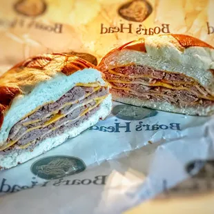 London broil with 3-pepper cheese, horseradish mayo on a pretzel roll.