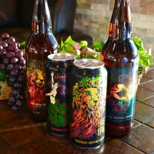 a variety of beers on a table