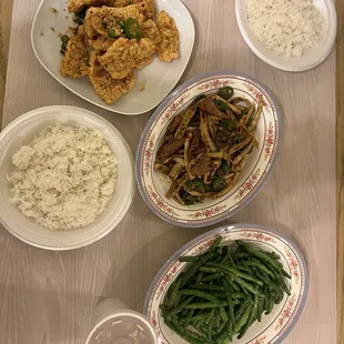 Fried Pork Chop with Salt &amp; Pepper, green beans with garlic, beef with bamboo