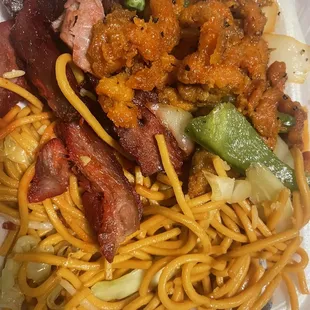 a plate of noodles and meat