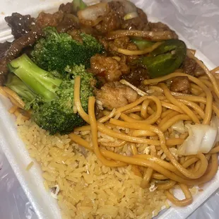 Plate with half and half broccoli beef and spicy chicken