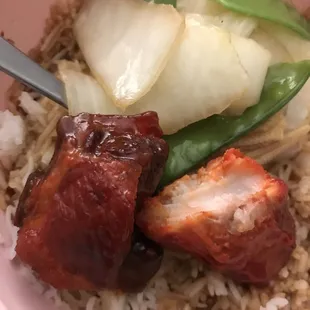 Chinese Vegetables with Oyster Sauce (very garlicky) and BBQ tips