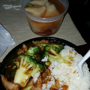 Lunch special  Beef with broccoli and white rice Cup of wonton soup for 85 cents extra  Also came with a soda and noodle chips