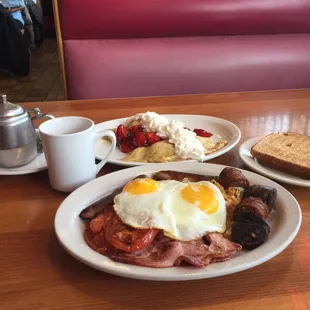 Irish breakfast, Irish tea &amp; strawberry crepes with whipped cream, $20.