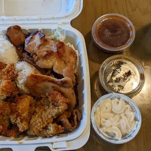 Half and Half combo with bbq chicken and kastu chicken curry.  Mango drink from Pho place down the road.