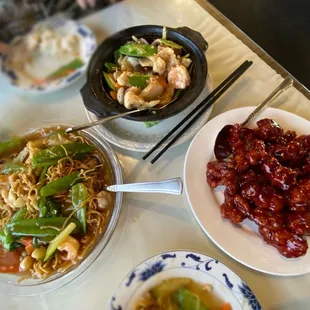 a variety of asian food on a table