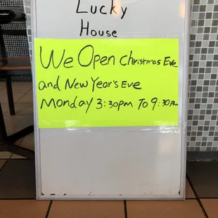 We open Christmas Eve and New Year's Eve 3:30 pm To 9:30 pm ! Happy holidays
