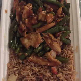 Chicken and green beans with pork fried rice.