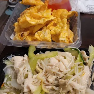 Chicken chow mein, fries wontons, and crispy noodles.