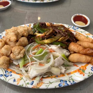 ##6 Mongolian Beef , Mar Far Chicken , Fried Shrimp ,and Pork Fried Rice