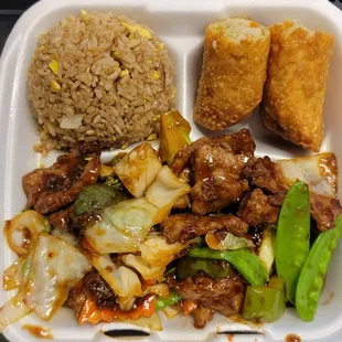 Stir fly beef with fried rice and egg roll. Pretty good!