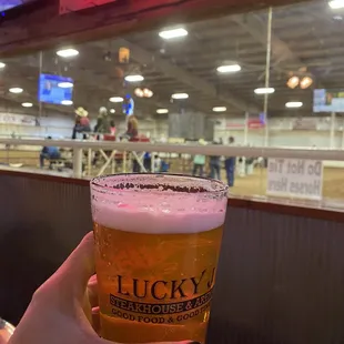 Boulevard Tank 7 on draft with a view of the rodeo arena.