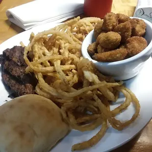 Little J's steak with onion rings and fried okra.