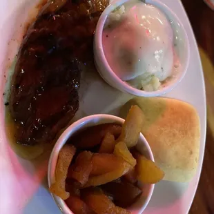Bourbon steak, with mashed potatoes and cinnamon apples.