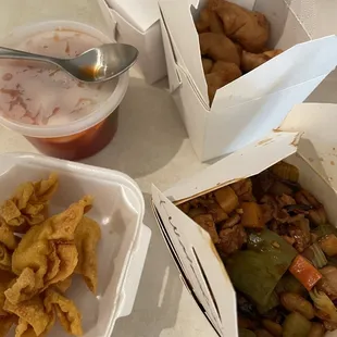 4. Six Pieces Crab Rangoon, 61. Sweet and Sour Chicken + sauce, 65. Kung Pao Chicken