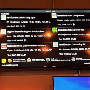 Menu of draft beers