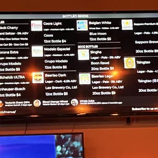 Menu of bottled beers