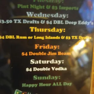 Here's a picture of their weekly specials that I took a while back, so some things might have changed by now.