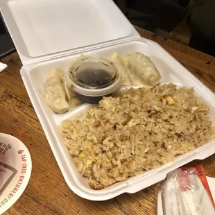 Fried rice &amp; boiled chicken dumplings-tasty. The rice had a nice peppery taste. It also had pineapple which was unique. October 2018.
