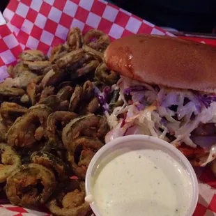 BBQ chicken sandwich and fried jalapeños.