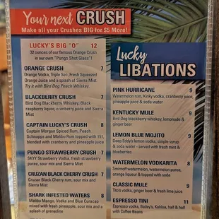 This is their Crushes drink menu.  Photo taken February 9, 2023.