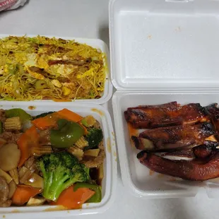 Singapore noodles, beef and vegetables and spare ribs